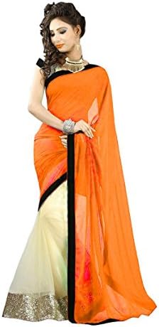 Saree For Women's Multi Color Half Georgette Net Saree With Heavy Matty Un Stitched Blouse Piece (Orange)