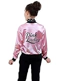 NEWCOS Pink Ladies Jacket for Child 50S T Bird Danny Pink Satin Jacket Halloween Costumes Little Girls' Coat Size 6-14