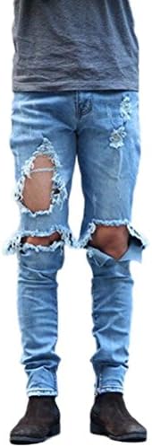 DEIOP Men's Runway Ripped Distressed Destroyed Skinny Blue Slim Fit Jeans