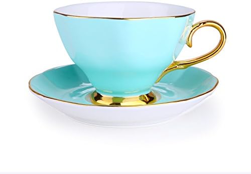 Porcelain Classic Tea/Coffee Cups and Saucers Set with Gold Plated Rims&amp;Handles,Ceramic Espresso Latte Coffee Cup Teacup and Saucer Sets for Office Home Gift,Assorted Color,7 Ounces,Set of 2 (Green)