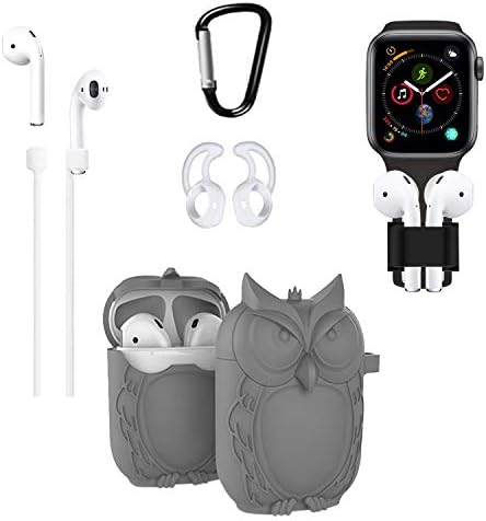 Parkho Airpods Case Keychain, Unique 3D Owl AirPod Charging Cartoon Protective Cover for Airpods Skin Accessories Key Chain/Airpods Ear Hook Grips/Airpods Clips/Watch Band Holder (grey)