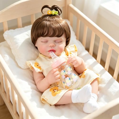 Bebê Reborn Boneca Realista Corpo de Silicone Menina Com Um Ursinho Fofo Cabelo Implantado Realista Original Pintada Corpo Pode dar Banho Dormindo de olhos fechados 48cm