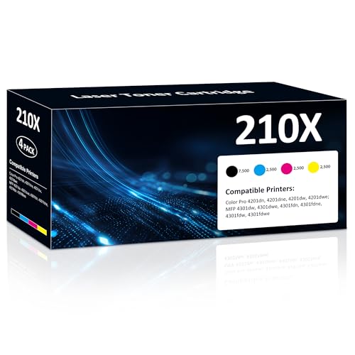 Photo 1 of 210X Toner Cartridges 4 Pack Compatible for 210X High Yield 210A Set for Color LaserJet Pro 4201dn 4201dne 4201dw 4201dwe MFP 4301dw 4301dwe 4301fdn 4301fdne 4301fdw 4301fdwe Printer(BK/Y/M/C)