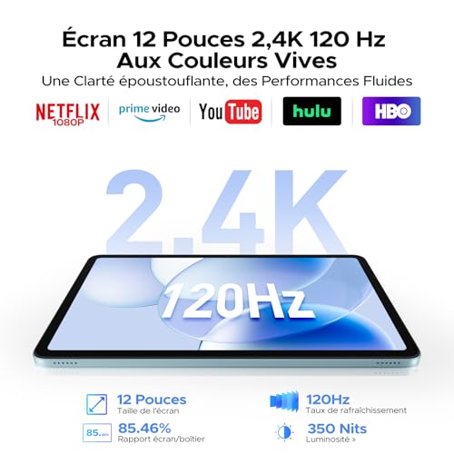 Luzglo P12 Android 16 Tablette 12 Pouces, 48Go RAM+128Go ROM/2To TF, T7280 Octa-Core, IPS 2.4K, 120Hz, 10000mAh/18W, WiFi5, 8MP+13MP, Gemini AI, Tablette avec Clavier, Face ID/OTG/GPS/FM