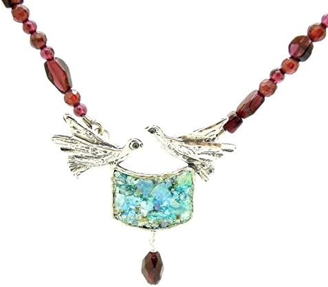 Dove necklace with Garnet eads and roman glass