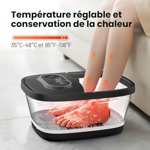 Bain de Pieds Pliable avec Chauffage et Massage, Spa Pour Pieds avec 14 Niveaux de Chauffage | Rouleaux Shiatsu | Bulles | Lumière Rouge | Minuterie, Massage Pieds Spa 35℃-48℃