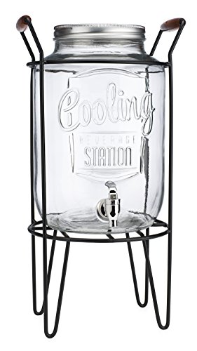 Cooling Station 2 Gallon Glass Beverage Dispenser with Screw Lid Spigot in Metal Caddy with Handle.
