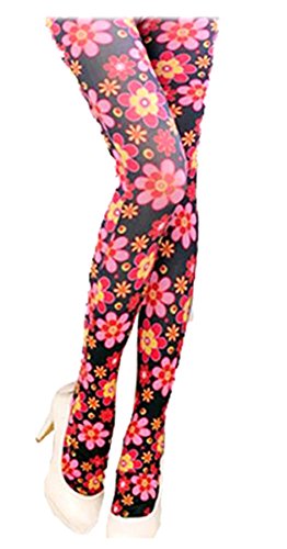 Red Pink Flower Floral Pattern Print Opaque Black Tight XS-M