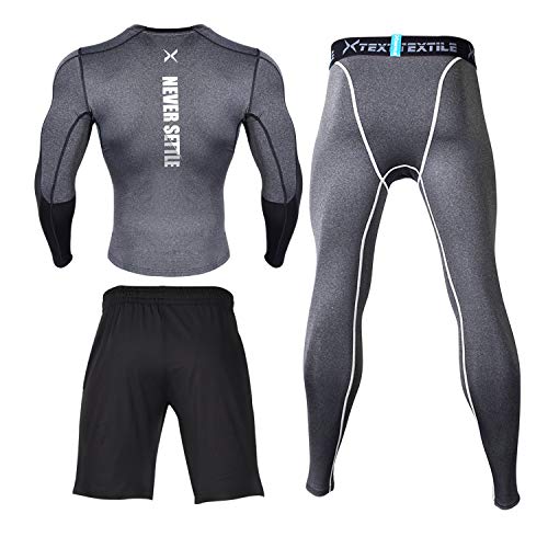 image for Xtextile 3 Pcs Men's Workout Set with Compression Pants Long Sleeve Sh