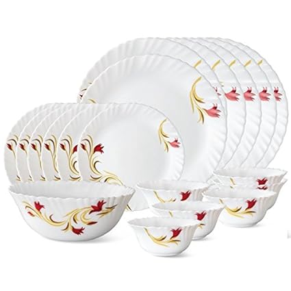Larah by BOROSIL Red Lily Opal Ware Glass Dinner Set (White) - 19 Pieces