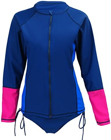 YOUDIAN Women Patchwork Long Sleeve UV Protection Rush Guard Swimsuit (2XL, Blue)