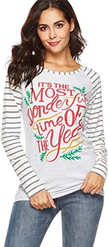 Women Christmas Tops Casual Long Sleeve Baseball T Shirt Funny Letter Print Xmas Blouse Shirt