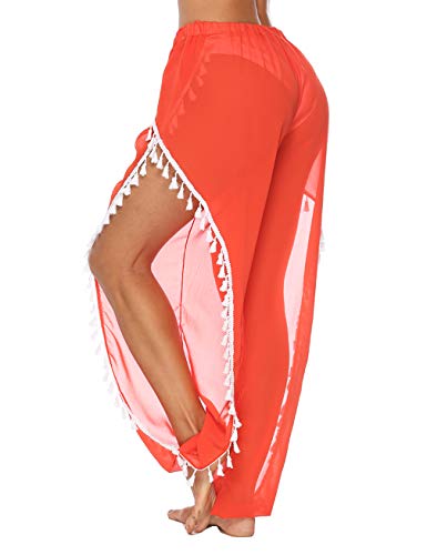 Blingfit Women's Fashion Sheer Pom Pom Trim Kaftan Chiffon Swimwear Beach Cover Up XL - Thumbnail 5