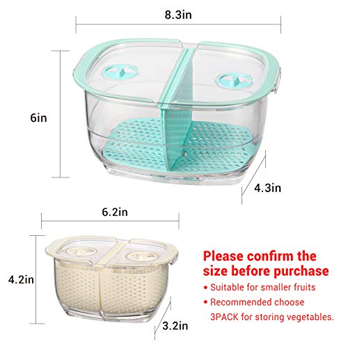 Fresh Fruit Vegetable Storage Container 2-Piece Partitioned Food Storage Container Sets with Vents Lids BPA-Free Veggie Saver Keeper Container for Strawberry berry cherry, 1.9/0.5 Quart