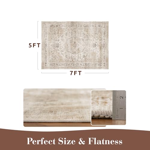 MontVoo-Area Rug 5X7 Rugs for Living Room-Beige Machine Washable Rug-Soft Living Room Rug-Vintage Non Slip Carpet-Rugs for Bedrooms Dining Room Living Room Office