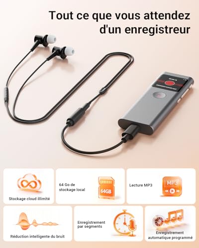 NUASI Enregistreur Vocal IA Dictaphone Numérique avec Transcription, Résumé, 64 Go, 90+ Langues, Enregistrement HD en Un clic, Réduction Intelligente du Bruit pour interviews/Classes/réunions