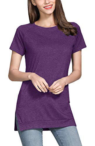 GSVIBK Womens Short Sleeve Side Split Tunic Round Neck Casual Soft Blouse Top T-Shirt 212 Purple M