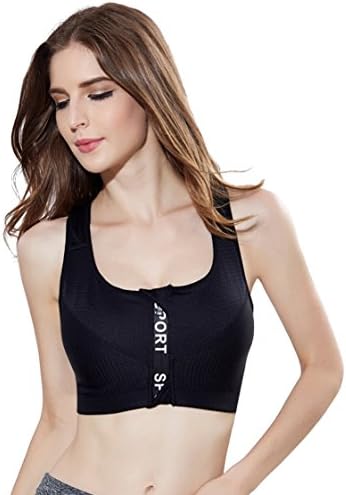 Perkisboby Women's Front Zip up Padded Racerback Workout Sports Bra, High Medium Impact Support for Running Yoga Gym (XL, Black)