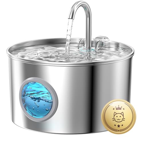 Fontanella per Gatti Acciaio: Fontana per Gatti Automatico - 2.2L Fontanella Gatto - Dispenser Acqua Gattis con 1 Filtri + 1 Spugne - Dispenser Acqua Gatto - Distributore Cani con Finestra Panoramica