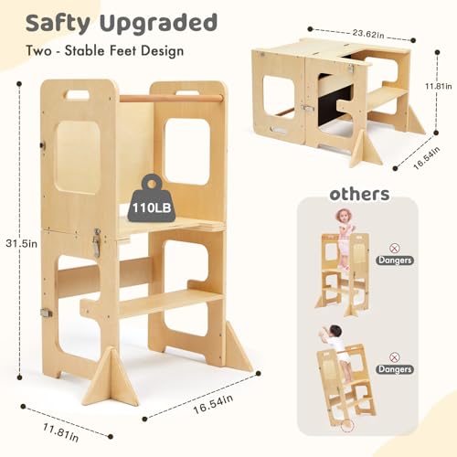 Labebe Montessori Children's Tower, 3 in 1 Folding Teaching Tower, Ladder Children's Stool with Blackboard, Montessori Wood Tower for Kitchen Utensils from 18 Months (Wood)