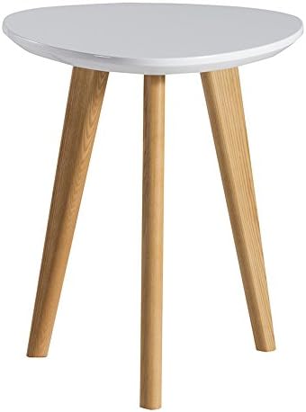 LSCING Modern Glossy Finish End Table, MDF Glossy Finish Top with Wood Legs, White