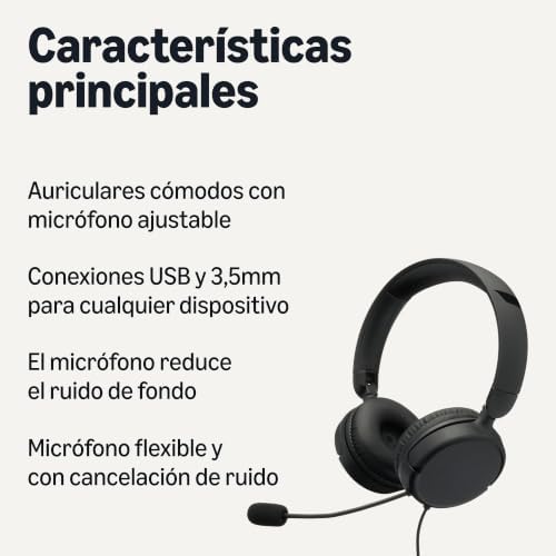 , auriculares supraaurales con cable, micrófono ajustable, conexión de 3,5 mm, control por cable con USB-A, plegables, para oficina, teléfono inteligente, computadora portátil, negros