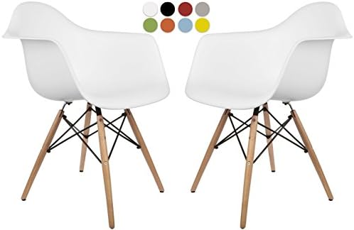 Eames Style Chair by La Valley - Set Of 2 - Mid Century Modern Eames Molded Armchair with Dowel Wood Eiffel Legs - for Dining Room, Kitchen, Bedroom, Lounge - Easy-Assemble &amp; Clean - White