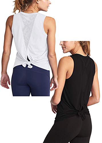 ADOLPH Women's Sexy Open Back Cute Mesh Yoga Workout Sports Shirts Activewear Tank Tops(Black and White,S)