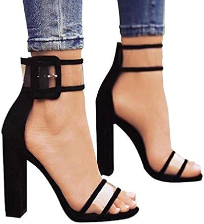 YingNeng Women Lucite Clear Strappy Chunky High Heel Sandals Velvet Cloth Transparent Open Toe Shoes (6 B(M) US, Black)