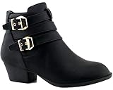 Top Moda Cl-14 Women's Buckle Straps Stacked Low Heel Ankle Booties,Black,8