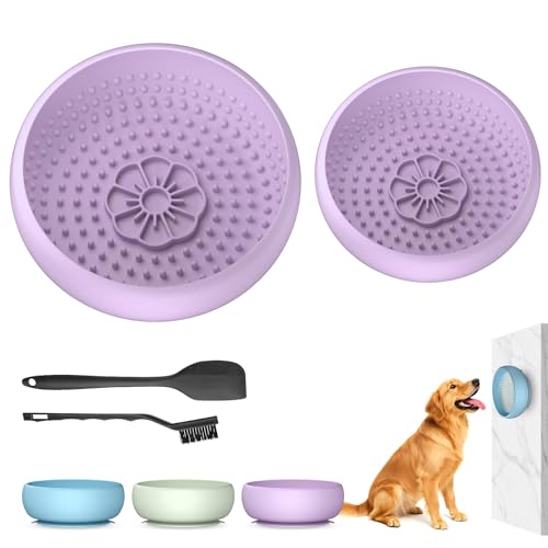 Pawinner ペット用舐め碗 早食い防止 スローフードボウル シリコーン吸盤式 滑り止め ペット用食器 犬用 猫用 大小サイズ2個セット スクレーパー&クリーニングブラシ付き パープル