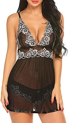 Women Sexy Halter Chemise Lace Lingerie Babydoll Set V-Neck Teddy Sleepwear