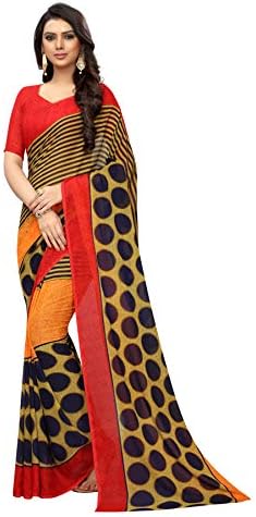 Red Polka Dot Printed Saree Indian Yellow Traditional Bollywood Ethnic Sari 5 Yard
