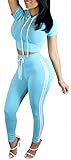 ChongErfei Women's Sexy Bodycon Round Neck Hoody Pants 2-Piece Jumpsuit Sportswear (Medium, Sky blue)