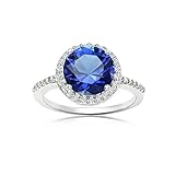 Sterling Silver Simulated Blue Sapphire and Cubic Zirconia Round Halo Ring