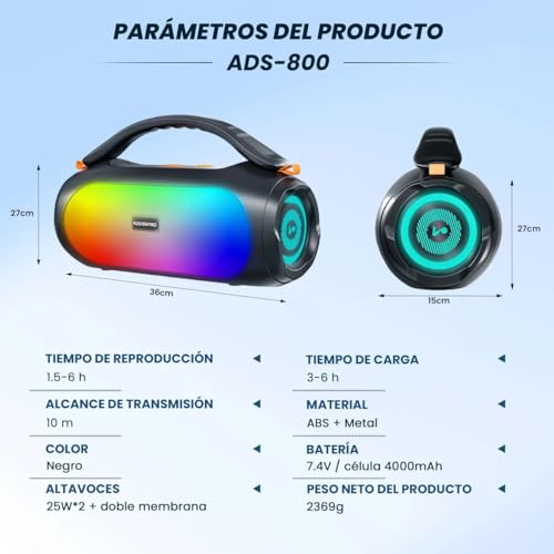 AUDISHAKO Bocina Bluetooth ADS-800, Bocina Portátil Impermeable IPX5 con RGB Boombox, Mango Iluminado, 800W, 3 Modos EQ, Recargable, USB/AUX/TF para Viaje, Fiesta y Hogar