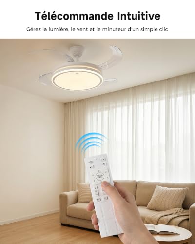 Woox Ceiling Fan with 42" Lamp, 4 Retractable Blades, Silent DC 30W Motor, 50W LED Dimmable, 6 Speed, Summer/Winter, Remote Control | LED 50W Variable without Bearing (CCT), 4 Retractable Blades, Silent 30W DC Motor, 6 Speed, Summer/Winter, Remote Control