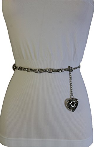 TFJ Women Fashion Silver Metal Chains Belt Love Heart Charm Plus M L XL
