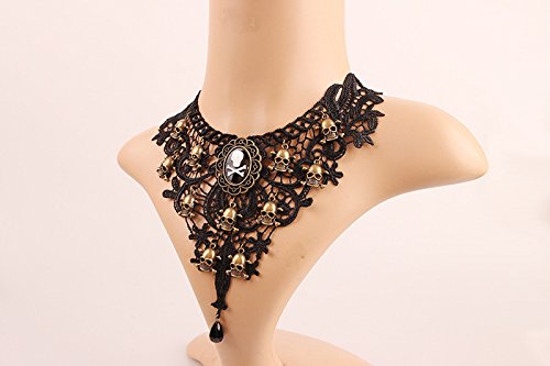 Charm.L Grace Black Lace Gothic Lolita Skull Pendant Choker Necklace Wedding Halloween Accessories