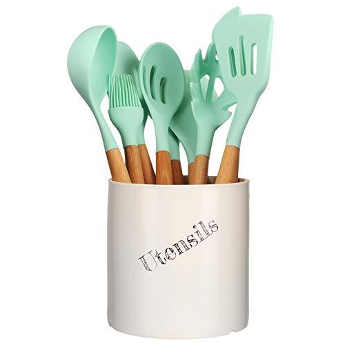 Large Ceramic Kitchen Utensils Holder Jumbo Cooking Utensil Crock Kitchen Tools Organizer Caddy (White)