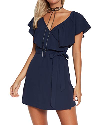 YOINS Kleid Damen Sommer Kurz V-Ausschnitt Schulterfrei Kleider Elegant Strandkleider Minikleid Partykleider 01 L