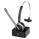 Mpow Trucker Bluetooth Headsets, 180-Hr Charging Station Wireless Headset with Microphone Noise Canceling, Over-The-Head Headset with Mute Function, Lightweight Earpiece for Truck Drivers/Call Center