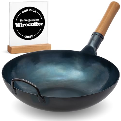 YOSUKATA Professional Wok Pan 34 cm – Traditional Wok Carbon Steel Blue Pre-Conditioned Flat Bottom – Original Chinese Frying Pan – Suitable for Electric Induction Gas and Open Fire