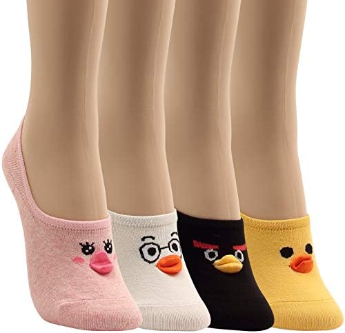 Women Animal Design No-Show Casual Liner Socks Character Print Non Slip Flat Boat Line 4 Pair