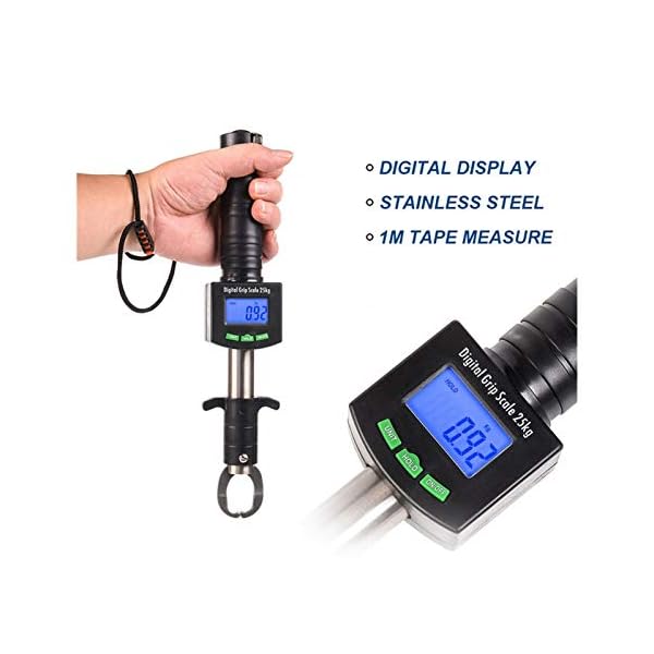 VIAIA LED Digital Fish Gripper Grabber Angelzange Edelstahl Clip Fischhalter mit Waagen Lineal 25kg / 55lb alicate de… – Bild 6