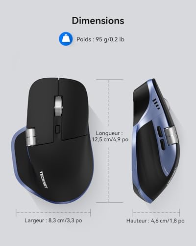 TECKNET Bluetooth Mouse, Ergonomic Wireless Mouse with 3 Modes (BT5.0/5.0+2.4G), Rechargeable, 4800 DPI Adjustable with Side Wheel Silent Mouse for Computers, Mac, PC, Windows, Blue