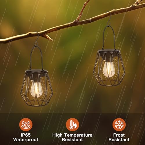 Ketom Pack of 2 Solar Lights for Outdoor Hanging Solar Lantern for Outdoor Standing Metal IP65 Waterproof Solar Pendant Lamp Outdoor Vintage with LED Bulb and Hook, Diamond, Black, for Outdoor Lawn
