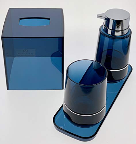 Decozen Bathroom Accessories Set in Blue Double Strip with TumblerLotion Dispenser Square Tray Tissue Box Bathroom Decor Accessory Set of 4 Pcs