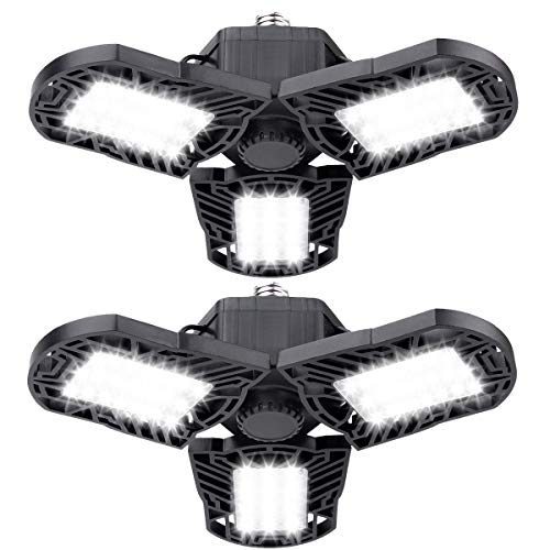 RundA LED Garage Lights, 2 Pack 60W Garage Ceiling Light 6000LM E26 Basement Light with 3 Adjustable Panels, Tribright LED Light Bulbs for Workshop, Barn, Warehouse and More (NO Motion Activated)