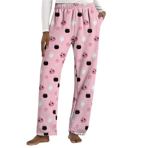 Halloween Pyjamas Soft Flannel Bottoms Comfortable Elastic Waist Pants Warm Wide Leg Bottoms Stylish Cartoon Print Pants Cute Fluffy Breathable Trousers Unisex Home Autumn Winter Sleeping